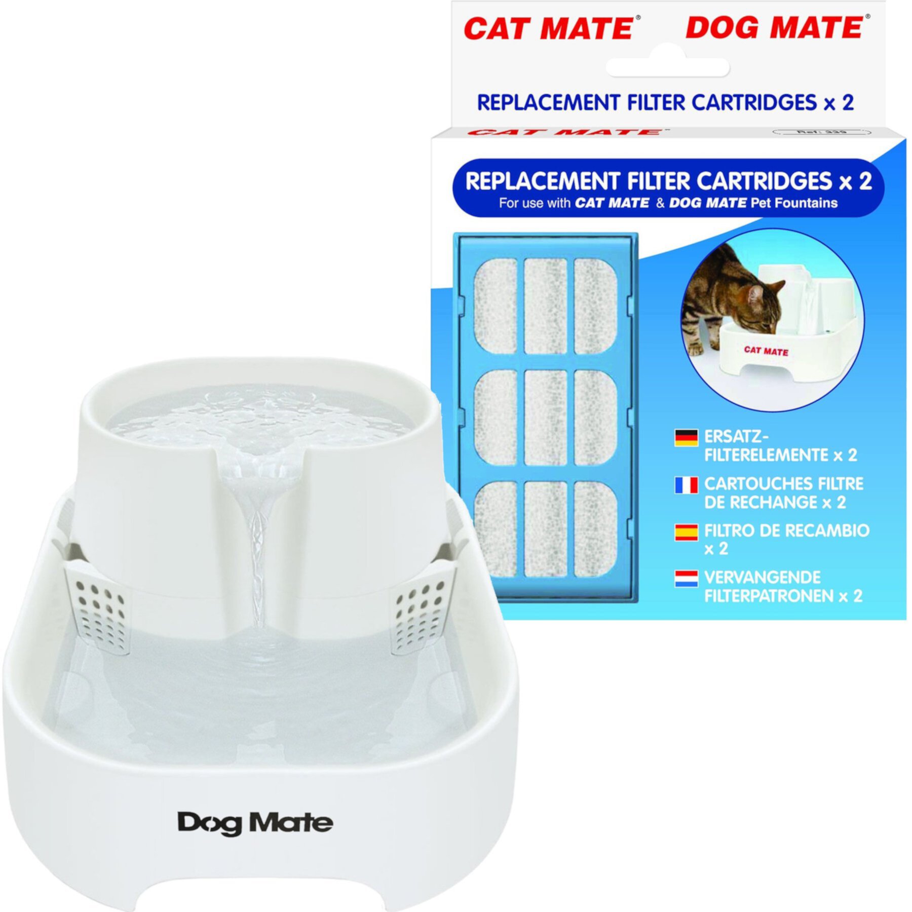 Dog Mate Large Fresh Water Plastic Dog & Cat Fountain, 192-oz & Cat Mate Replacement Filter Cartridges for Cat Mate & Dog Mate Fountains Cat Mate||Dog Mate