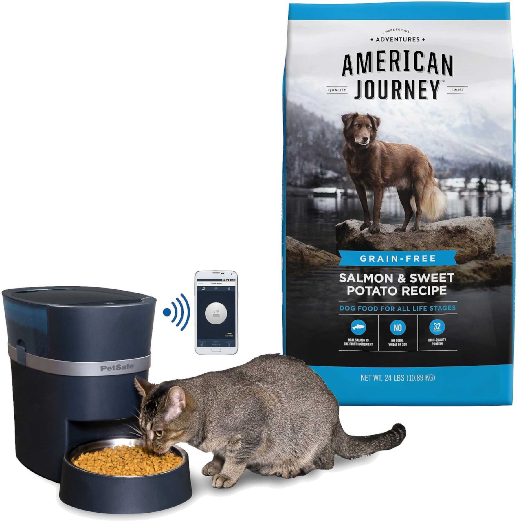 PetSafe Smart Feed 2.0 Wifi-Enabled Automatic Dog & Cat Feeder & American Journey Grain-Free Salmon & Sweet Potato Recipe Dry Dog Food PetSafe||American Journey