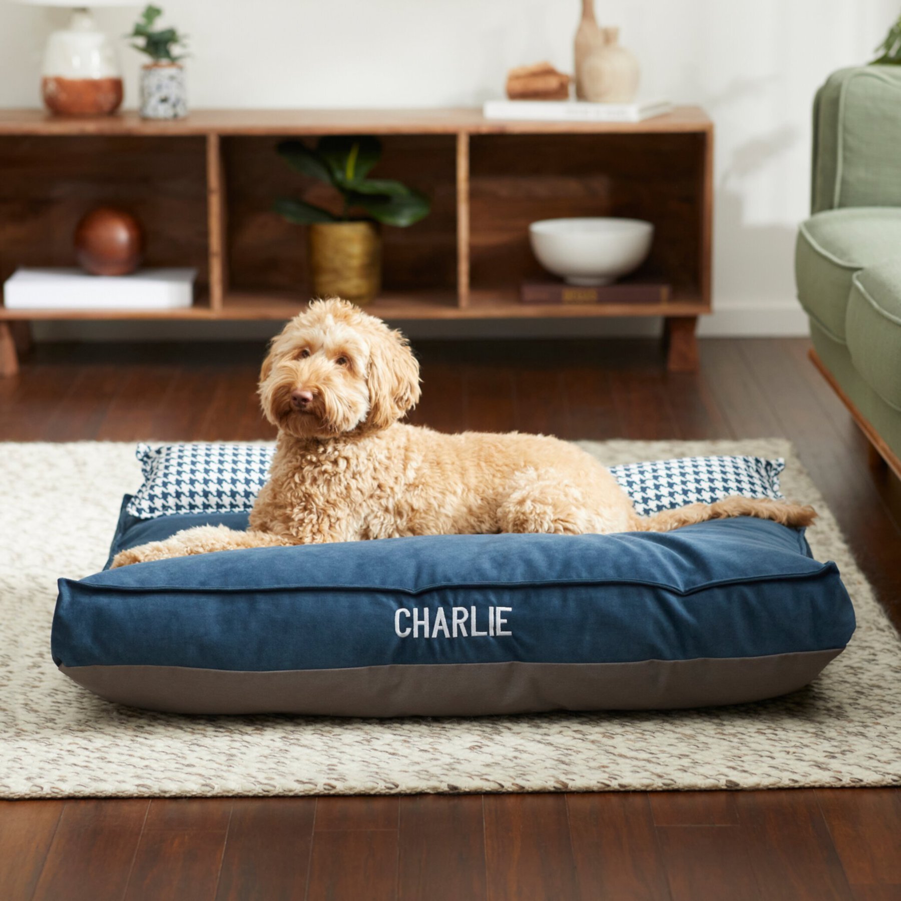 Frisco Personalized Navy Bolstered Bed with Navy Check Bolster, X-Large Frisco