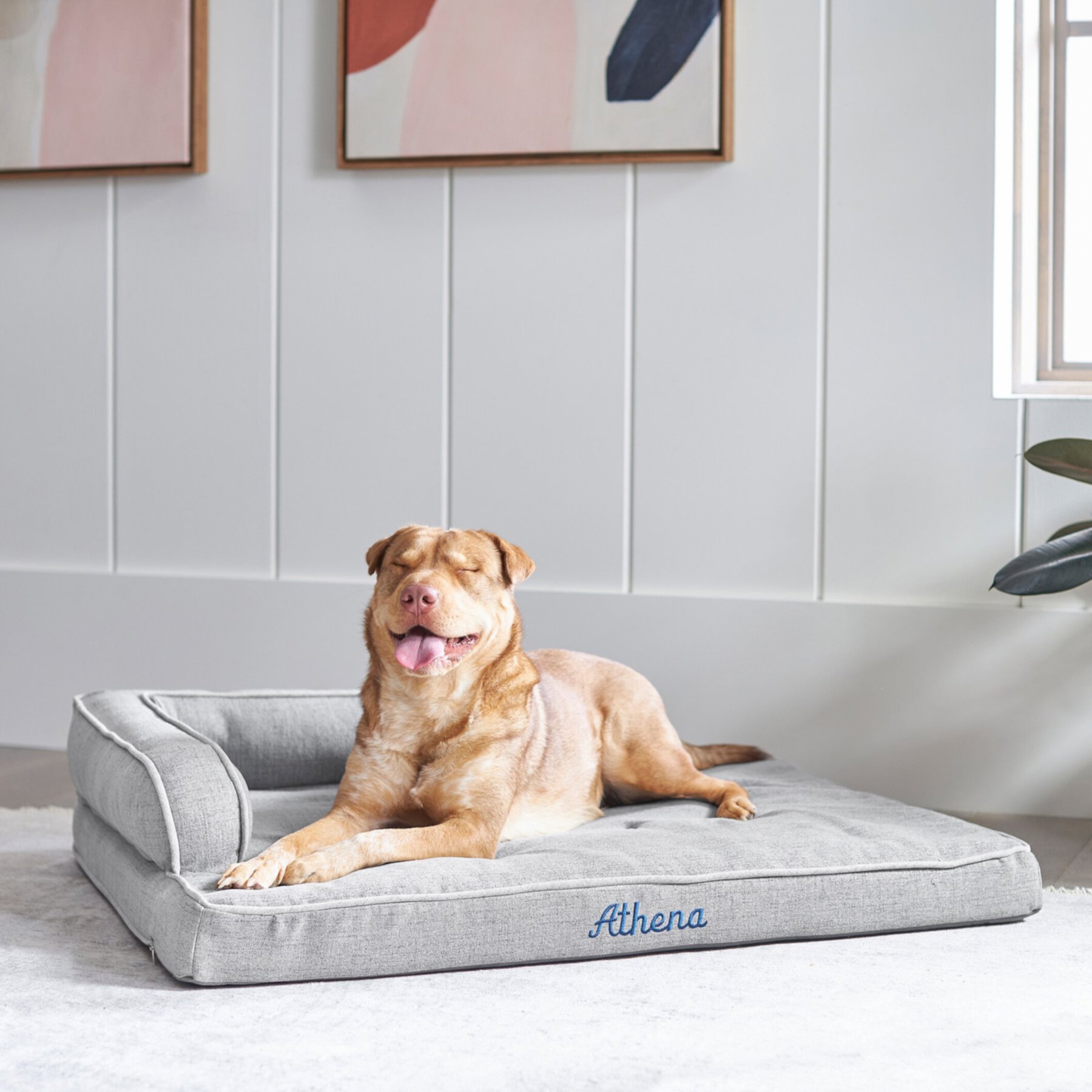 Frisco Faux Linen Corner Personalized Bolster Dog Bed w/Removable Cover, Harbour Blue, XL Frisco