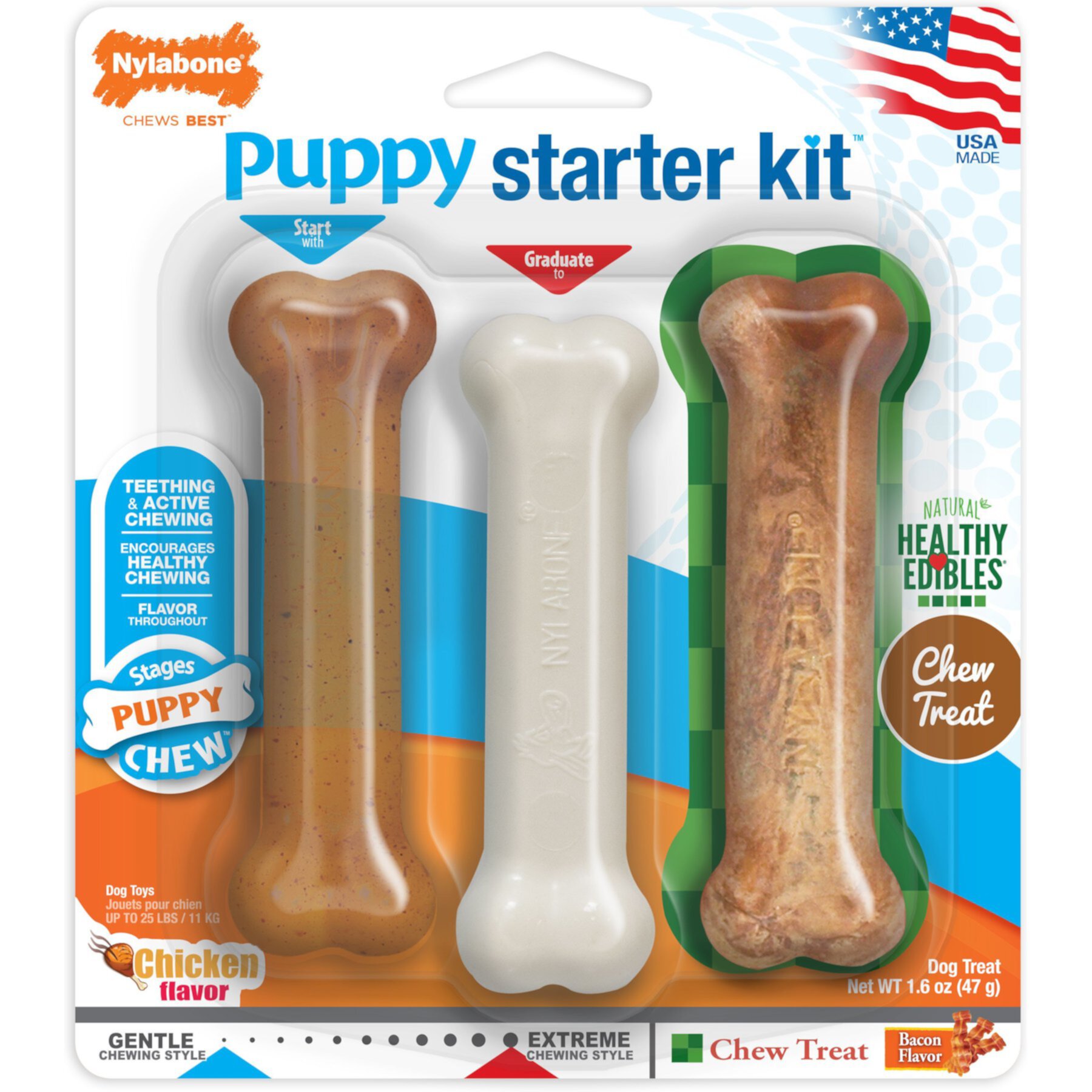 Nylabone Puppy Starter Kit Chicken & Bacon Puppy Chew Toys & Treat Nylabone