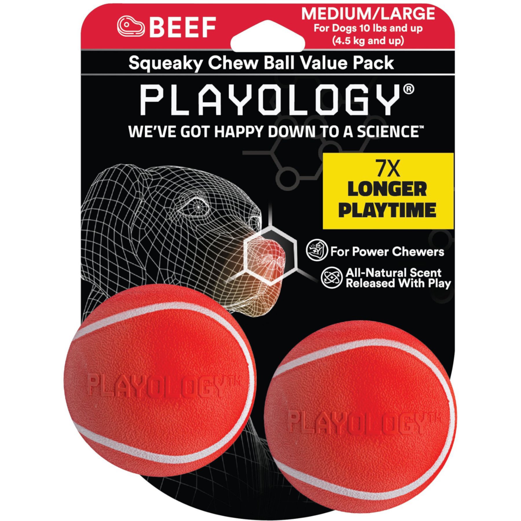 Playology 2-Pack Moderate Beef Ball Squeaky Dog Chew Toy, Red, Medium Playology