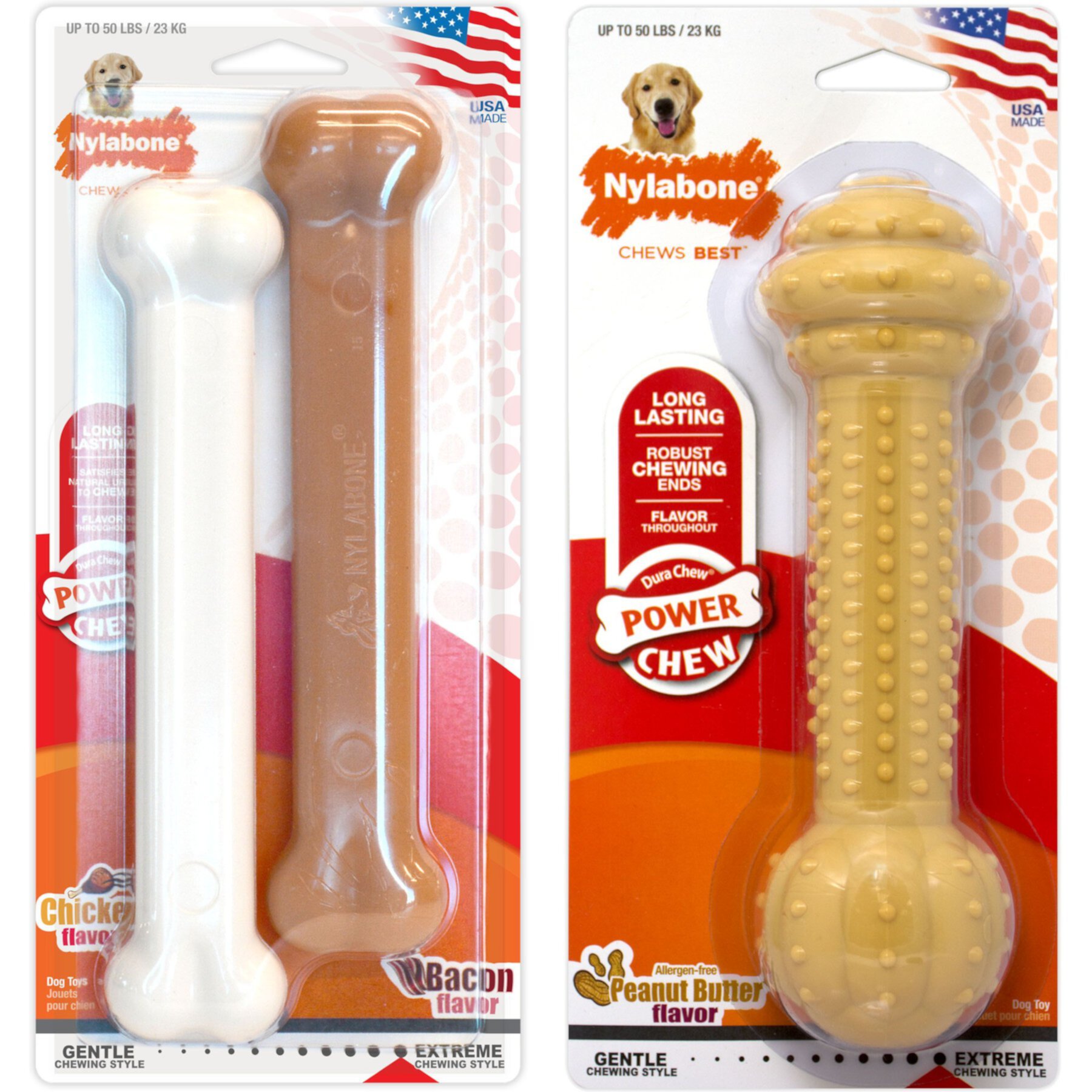 Nylabone Power Chew Nylon Chicken, Bacon & Peanut Butter Dog Bones Bundle Nylabone