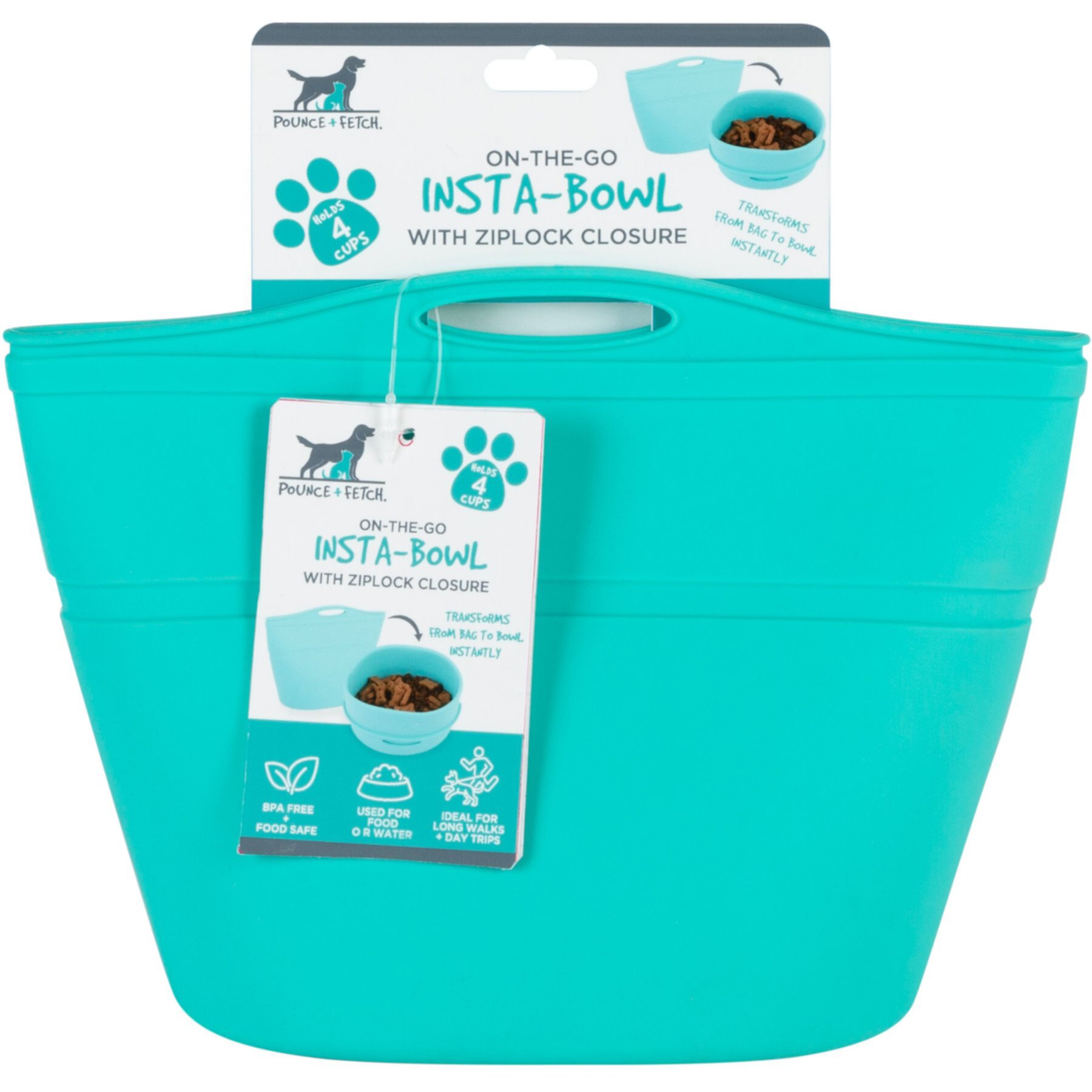 Pounce + Fetch Heavy Duty Silicone Travel Bag Bowl, Aqua, 4-cup Pounce + Fetch