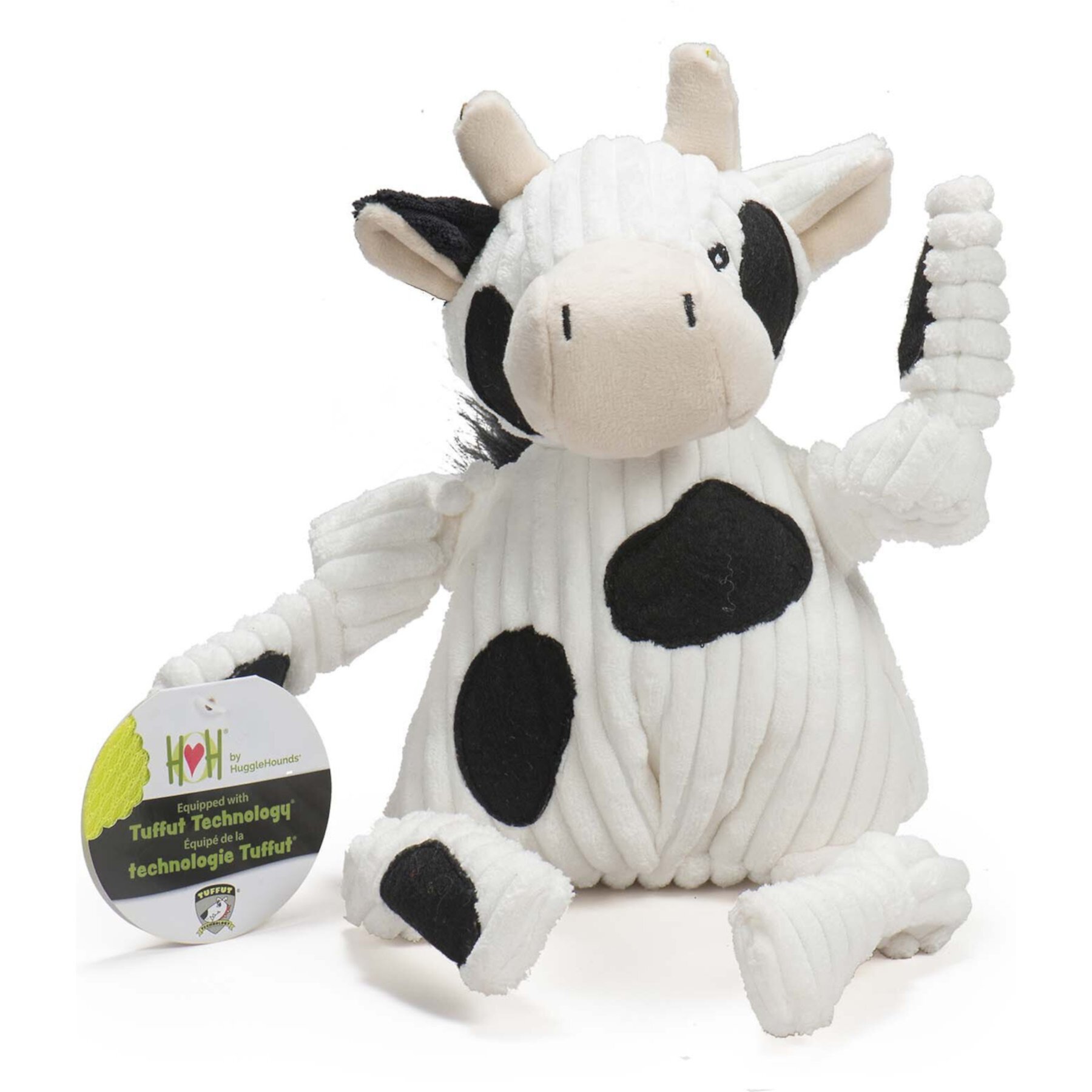 HuggleHounds Barnyard Durable Plush Corduroy Knottie Cow Squeaky Dog Toy HuggleHounds