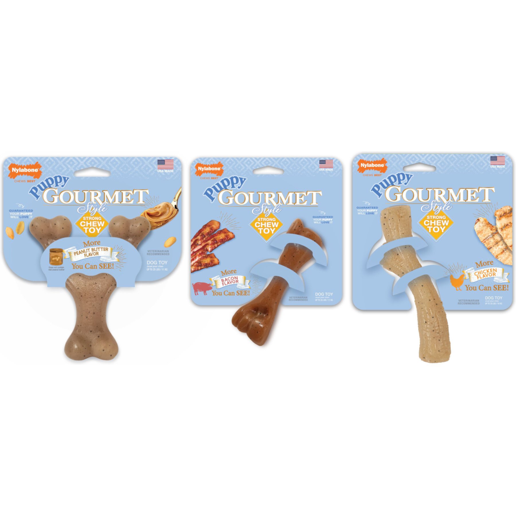 Nylabone Puppy Gourmet Style Strong Chew Dog Toys, Bacon, Chicken, Peanut Butter Nylabone