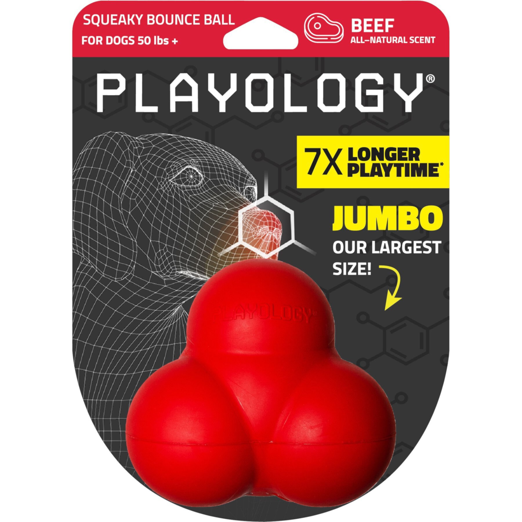 Playology All Natural Beef Scented Squeaky Bounce Ball Dog Toy, Red Playology