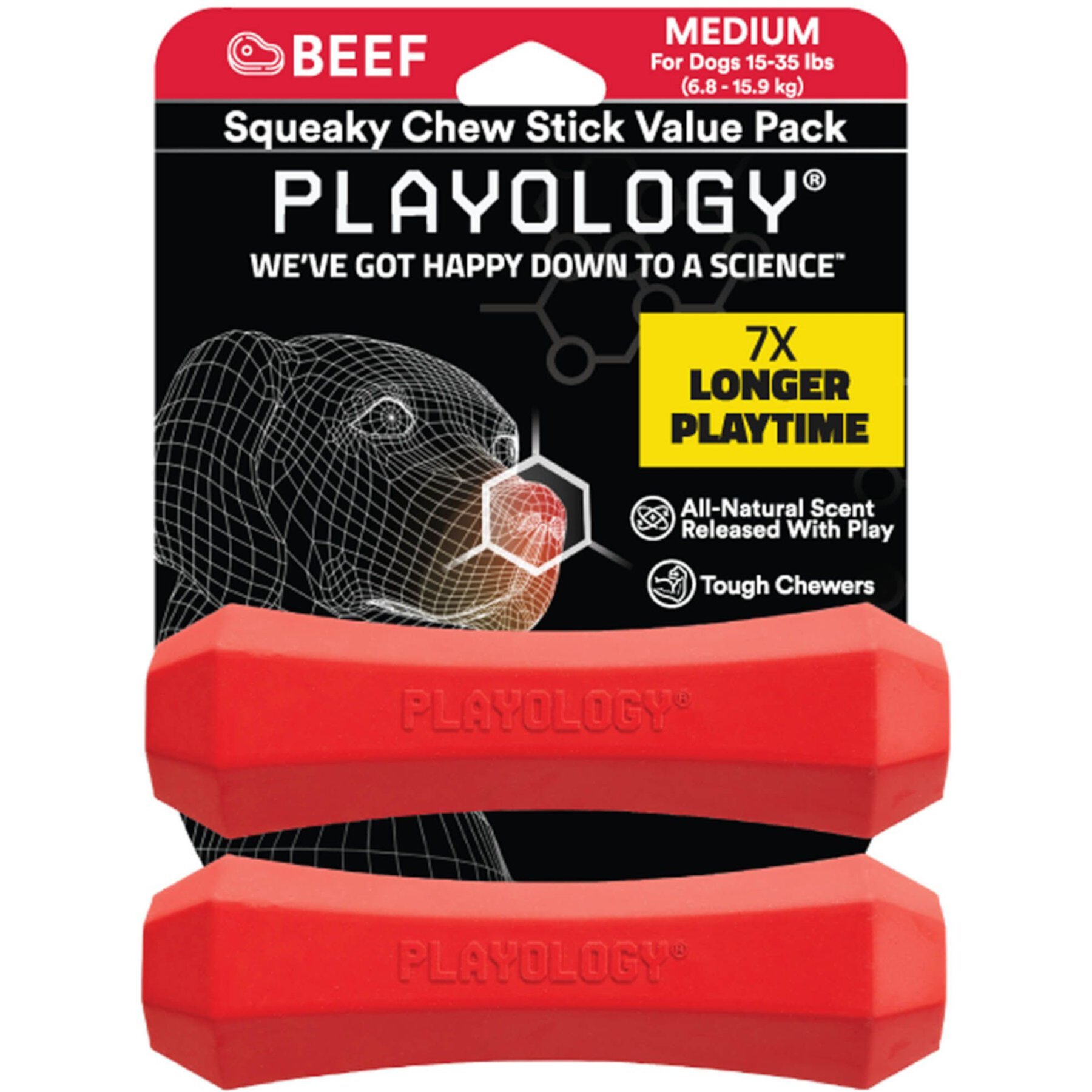 Playology 2-Pack Moderate Beef Stick Squeaky Dog Chew Toy, Red, Medium Playology