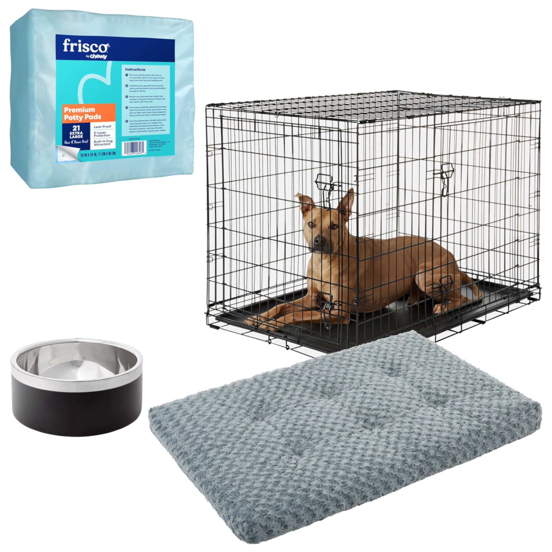 Frisco Fold & Carry Double Door Collapsible Wire Dog Crate + 3 items Frisco