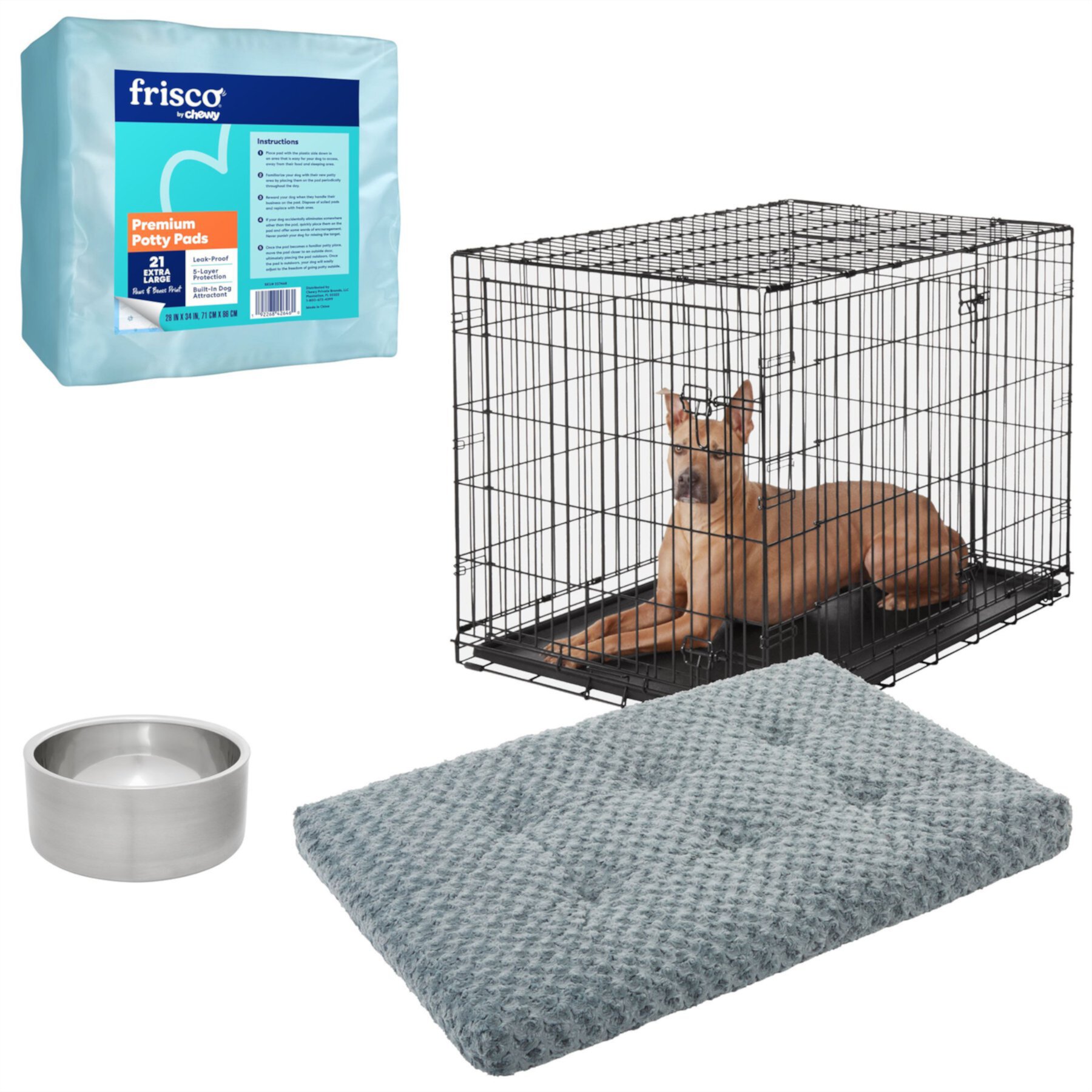 Frisco Heavy Duty Fold & Carry Double Door Collapsible Wire Dog Crate + 3 items Frisco