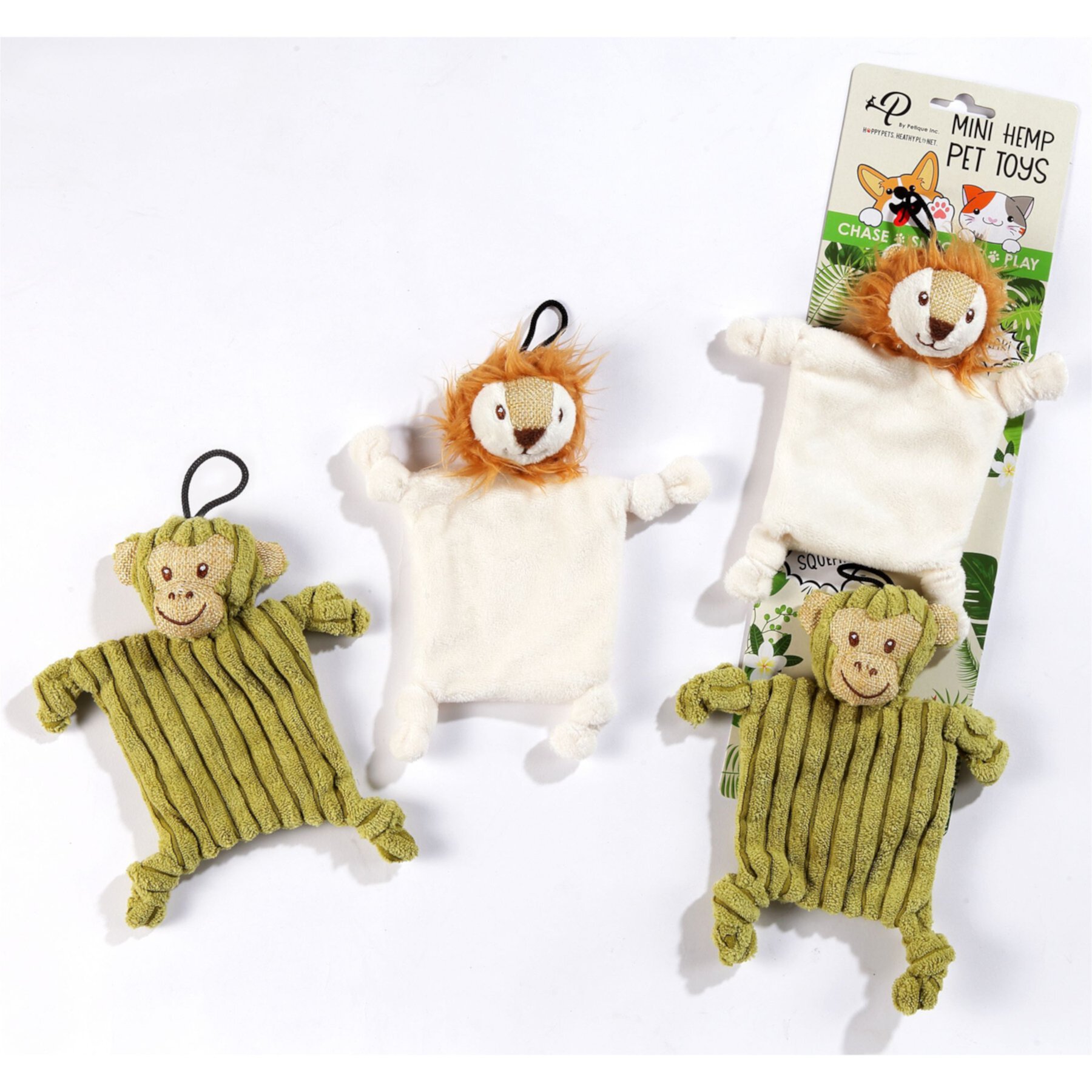 Petique Mini Flying Hemp Monkey & Lion Plush Dog Toy, 2 count Petique