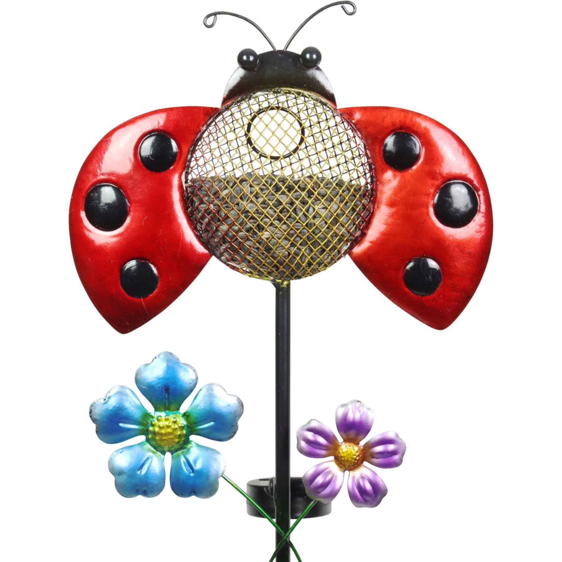 Exhart Solar Hand Painted Ladybug Metal Mesh Pellet Bird Feeder Garden Stake Exhart