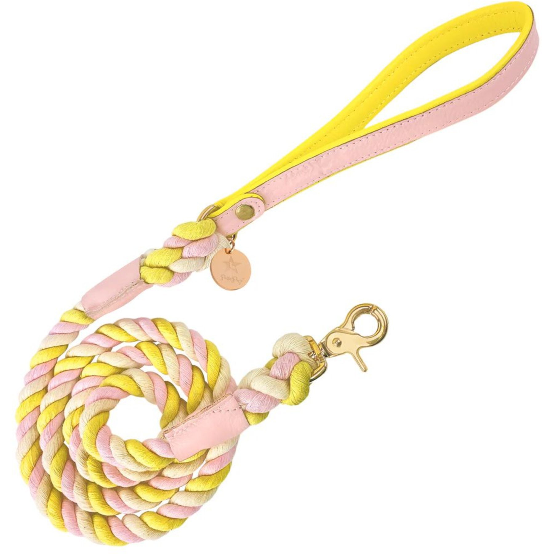 PoisePup Sweetest Thing Leather Handle Rope Dog Leash, Light Pink/Yellow, 5-ft long, 1/2-in wide PoisePup