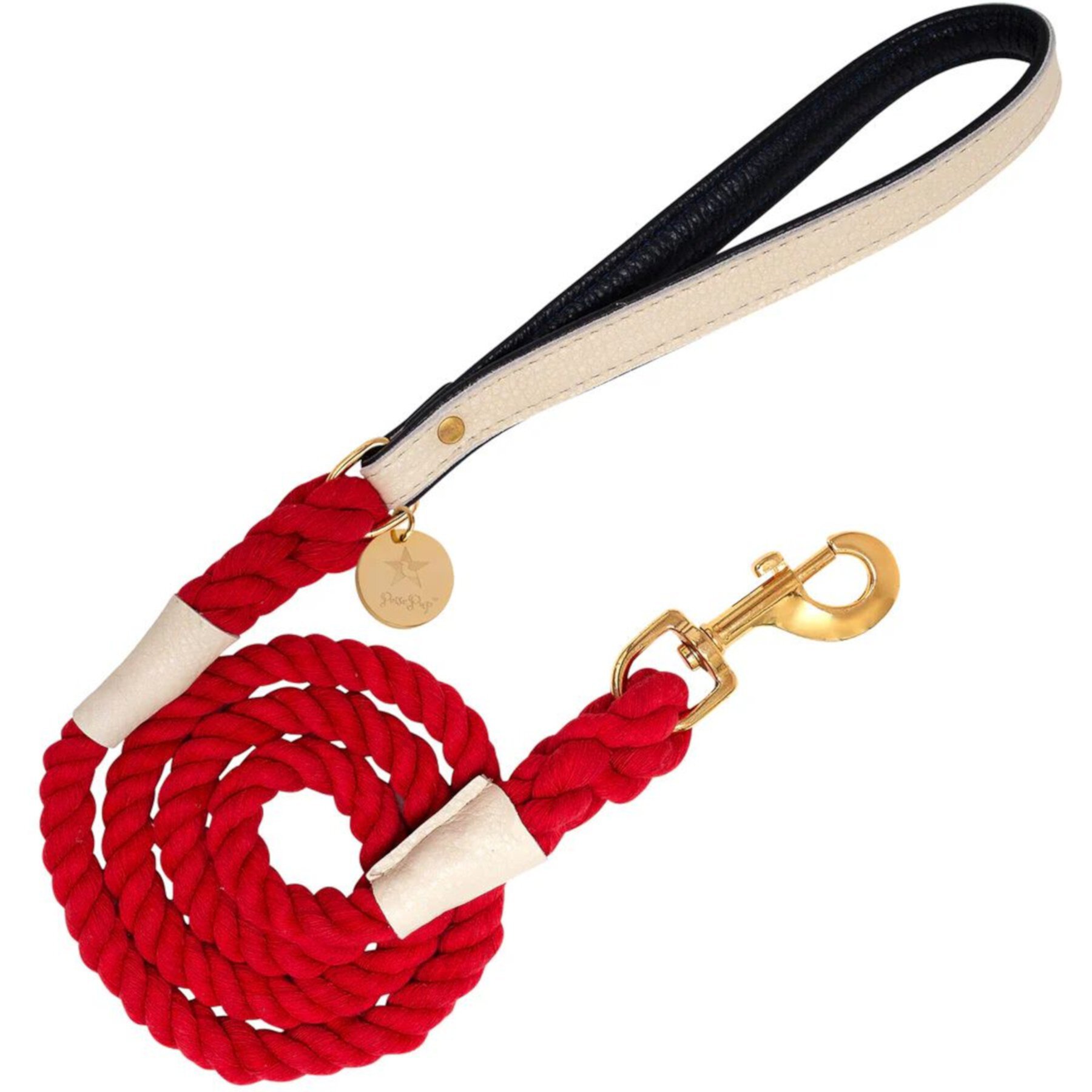 PoisePup Hot Marine Leather Handle Rope Dog Leash, White/Red/Blue, 5-ft long, 1/2-in wide PoisePup