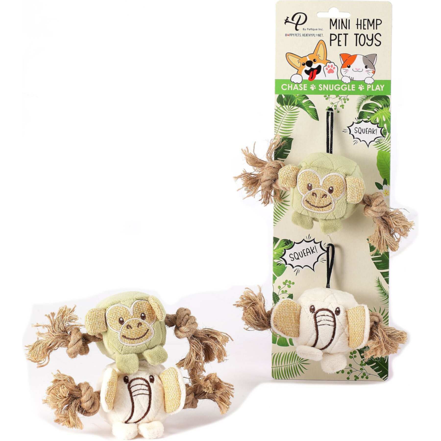 Petique Mini Hemp Chunky Monkey & Elephant Plush Dog Toy, 2 count Petique