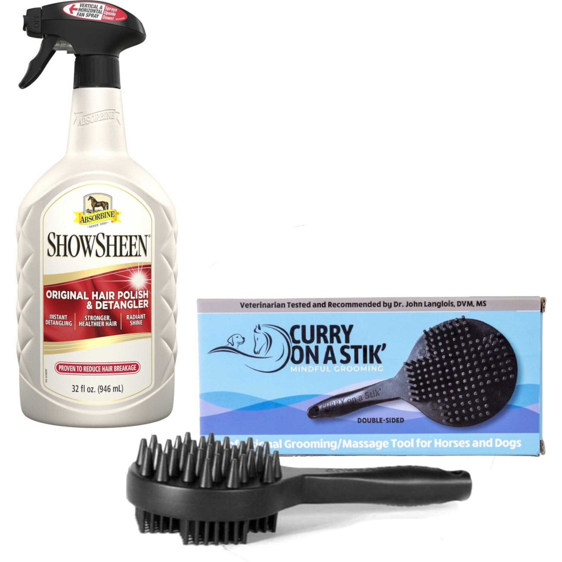 Curry on a Stik Horse & Dog Grooming Brush & Absorbine Showsheen Original Hair Polish & Detangler Horse Spray Absorbine||Curry on a Stik