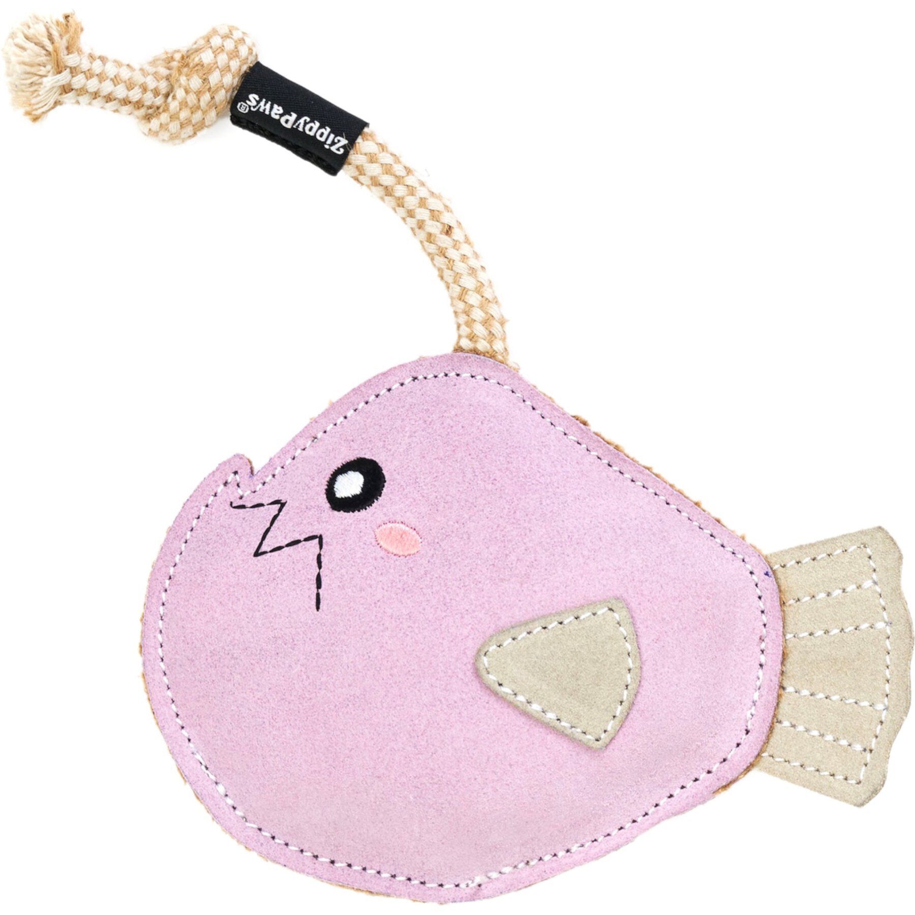 ZippyPaws EcoZippy Suede & Rope Buddies Angler Fish Dog Plush Toy, Pink Zippypaws