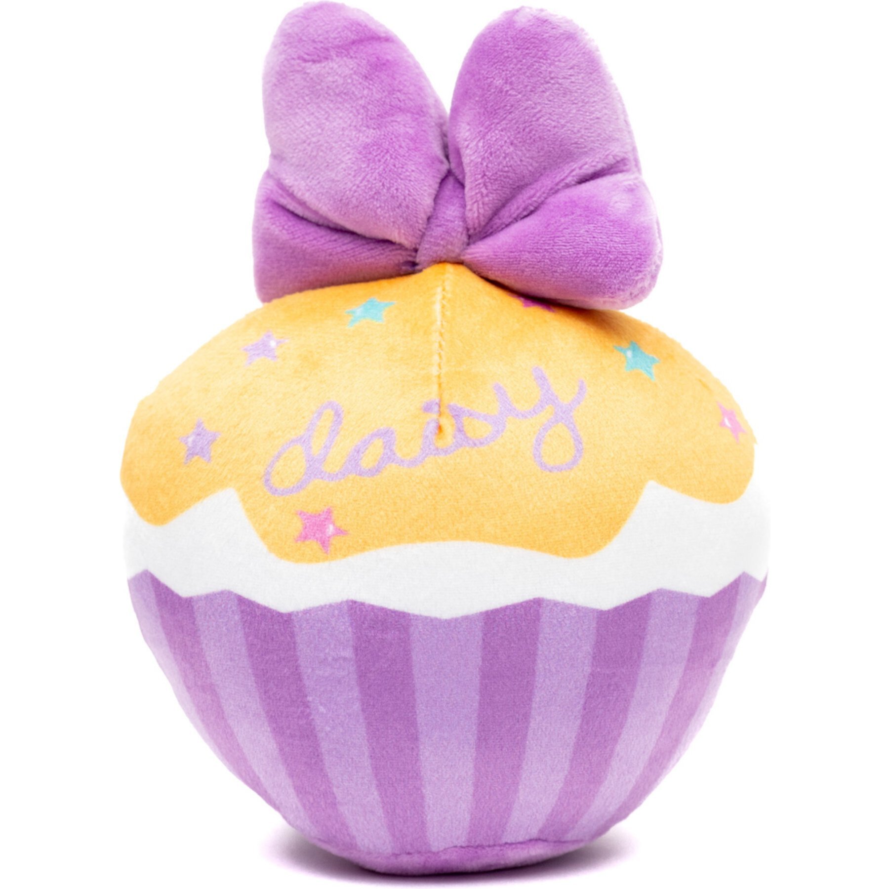 Buckle-Down Disney Daisy Duck Script Cupcake with Pink Bow Squeaky Plush Dog Toy, Purple Buckle-Down