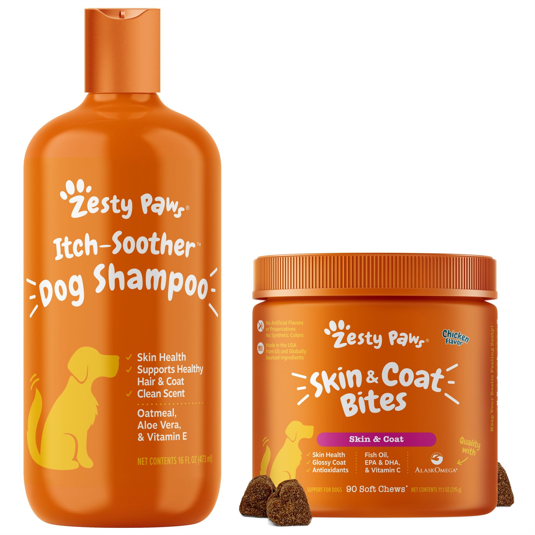 Zesty Paws Itch Soother Dog Shampoo with Oatmeal & Aloe Vera, for Skin Moisture & Shiny Coats, Vanilla Bean Scent & Zesty Paws Skin & Coat Bites Chicken Flavored Soft Chews Omega 3 Fish Oil Supplement for Dogs Zesty Paws