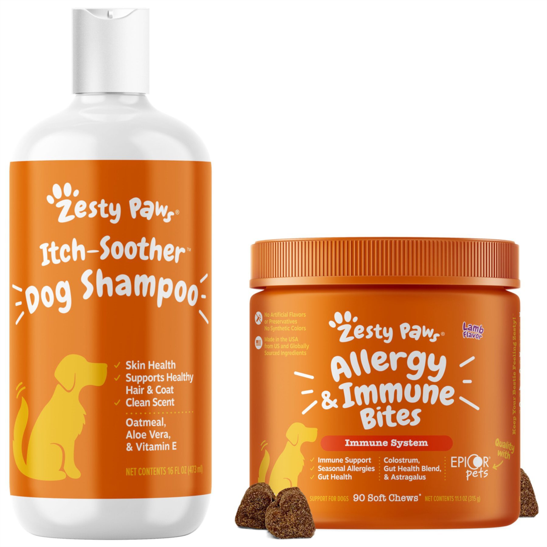 Zesty Paws Allergy & Immune Bites Lamb Flavored Soft Chews Allergies, Immune, & Gut Support Supplement for Dogs & Zesty Paws Itch Soother Dog Shampoo with Oatmeal & Aloe Vera, for Skin Moisture & Shiny Coats, Vanilla Bean Scent Zesty Paws