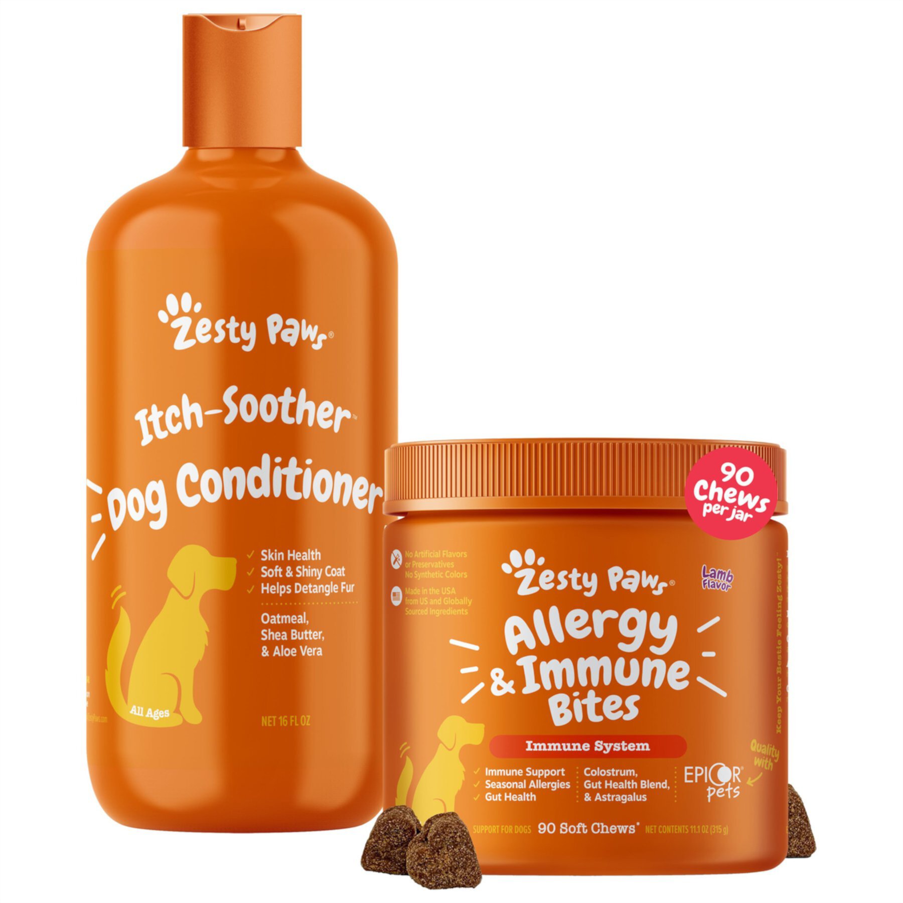 Zesty Paws Itch Soother Dog Conditioner with Oatmeal & Aloe Vera, for Skin Moisture & Shiny Coats & Zesty Paws Allergy & Immune Bites Lamb Flavored Soft Chews Allergies, Immune, & Gut Support Supplement for Dogs Zesty Paws