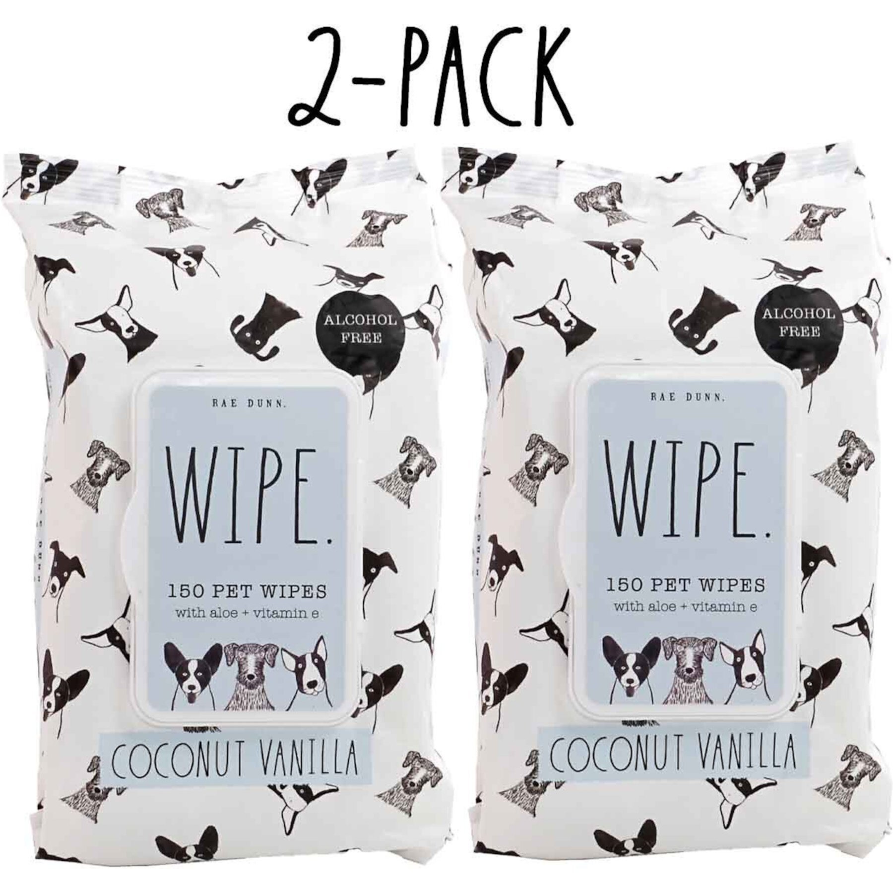 Rae Dunn WIPE. Aloe & Vitamin E Coconut Vanilla Scent Dog Wipes, 150 count, 2 pack Rae Dunn