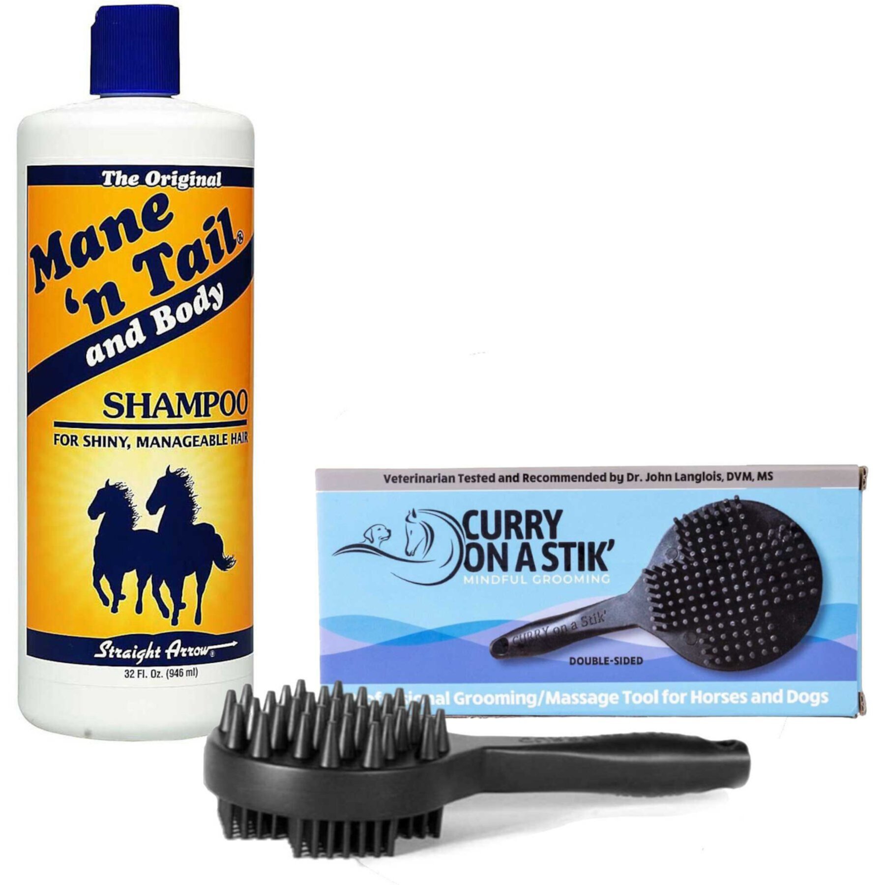 Curry on a Stik Horse & Dog Grooming Brush & Mane 'n Tail Pet Shampoo Mane 'n Tail||Curry on a Stik