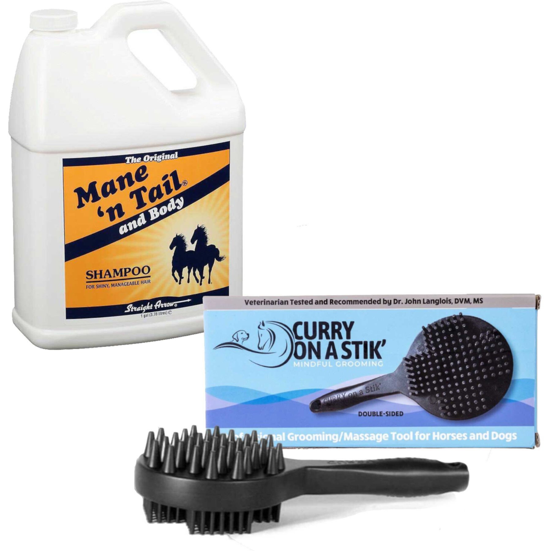 Curry on a Stik Horse & Dog Grooming Brush & Mane 'n Tail Pet Shampoo Mane 'n Tail||Curry on a Stik