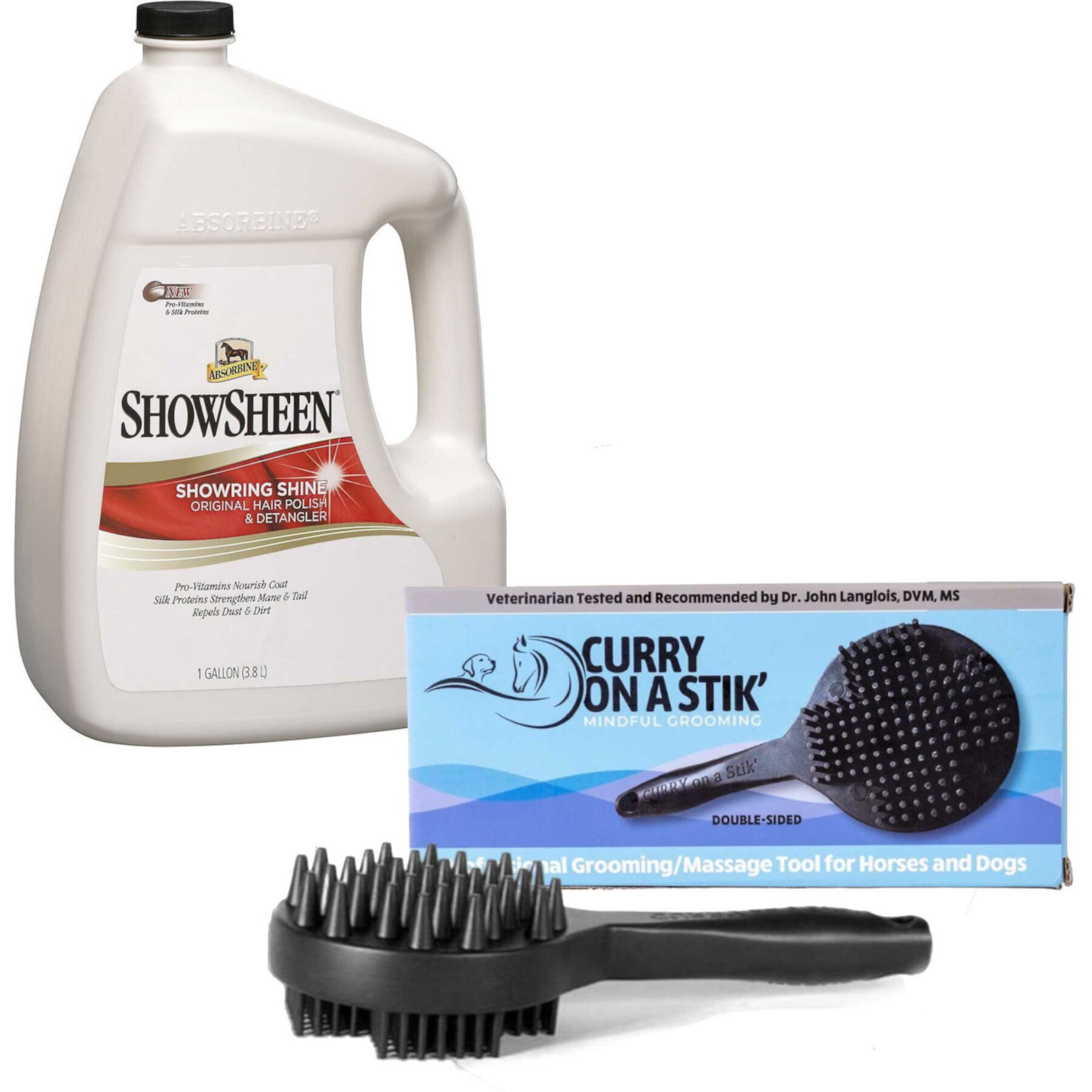 Curry on a Stik Horse & Dog Grooming Brush & Absorbine Showsheen Original Hair Polish & Detangler Horse Spray Absorbine||Curry on a Stik