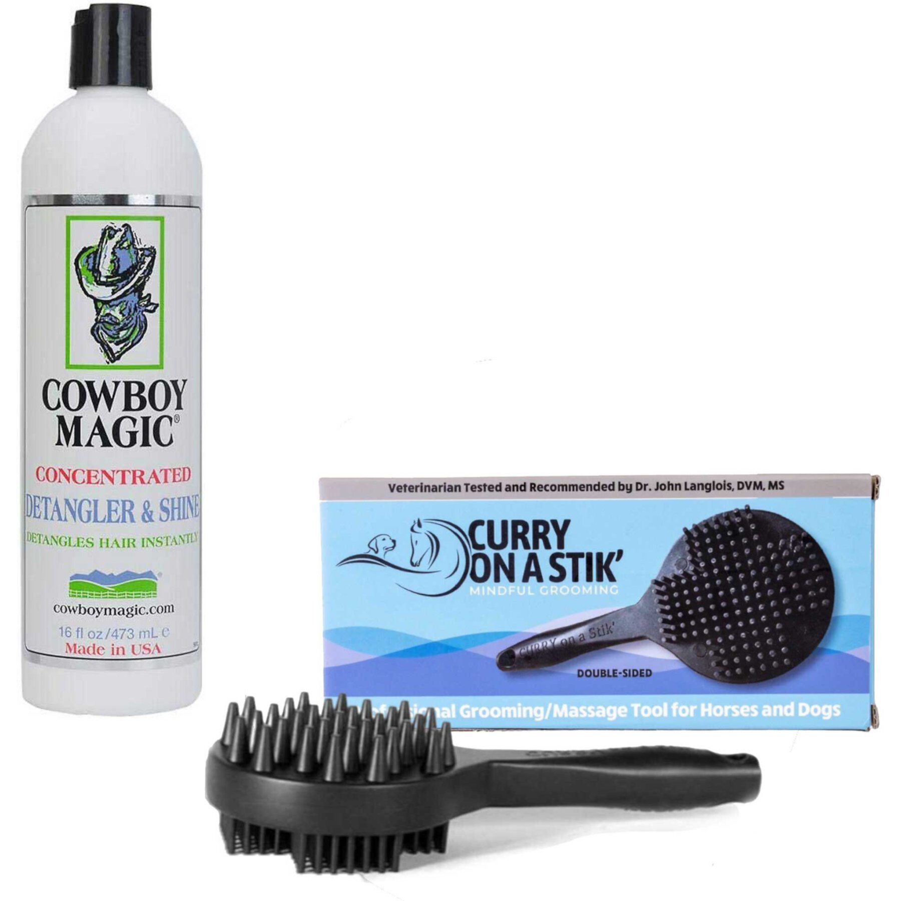 Curry on a Stik Horse & Dog Grooming Brush & Cowboy Magic Horse Detangler & Shine Cowboy Magic||Curry on a Stik