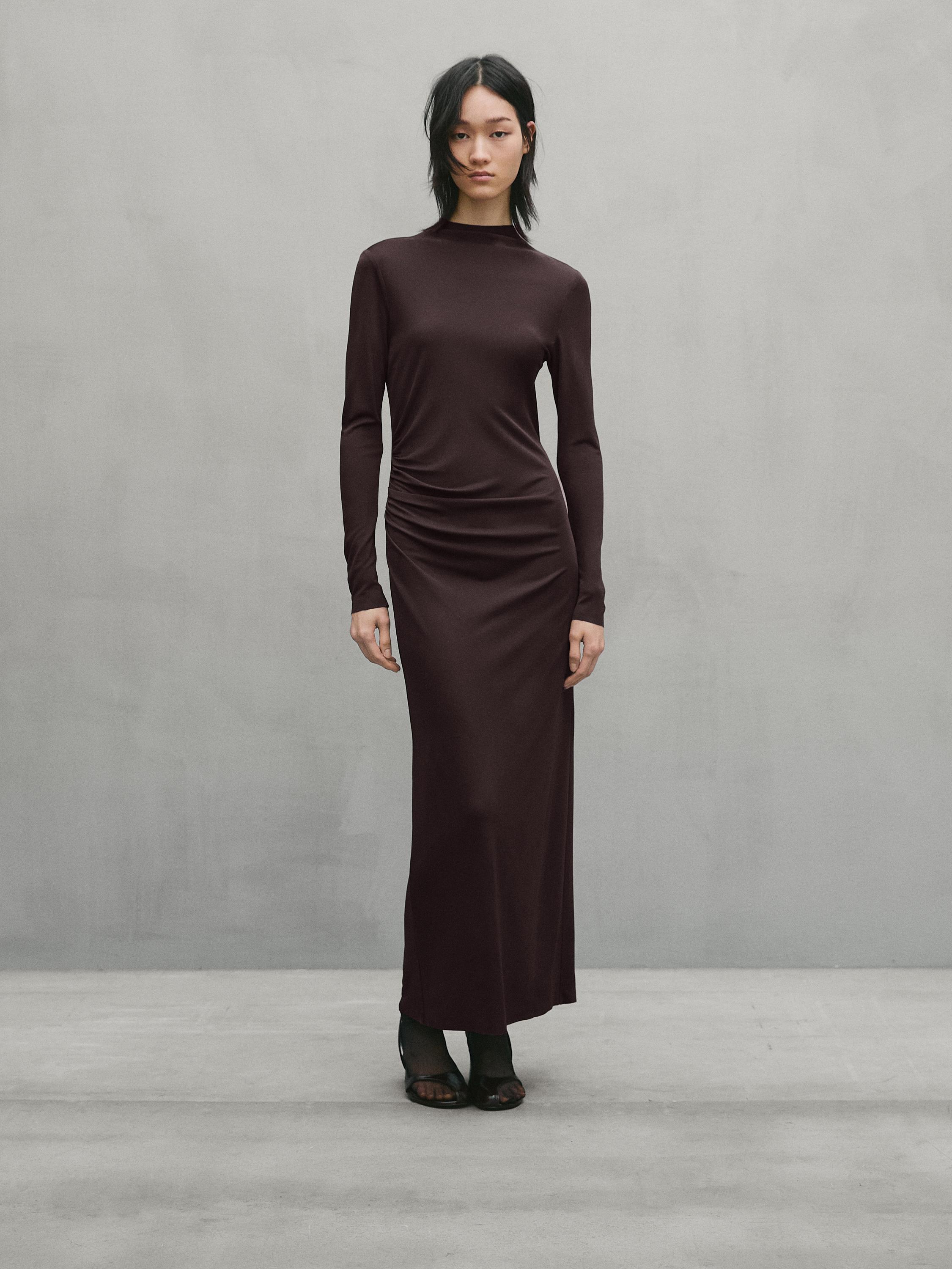 Long sleeve midi dress with gathered detail - Studio Massimo Dutti