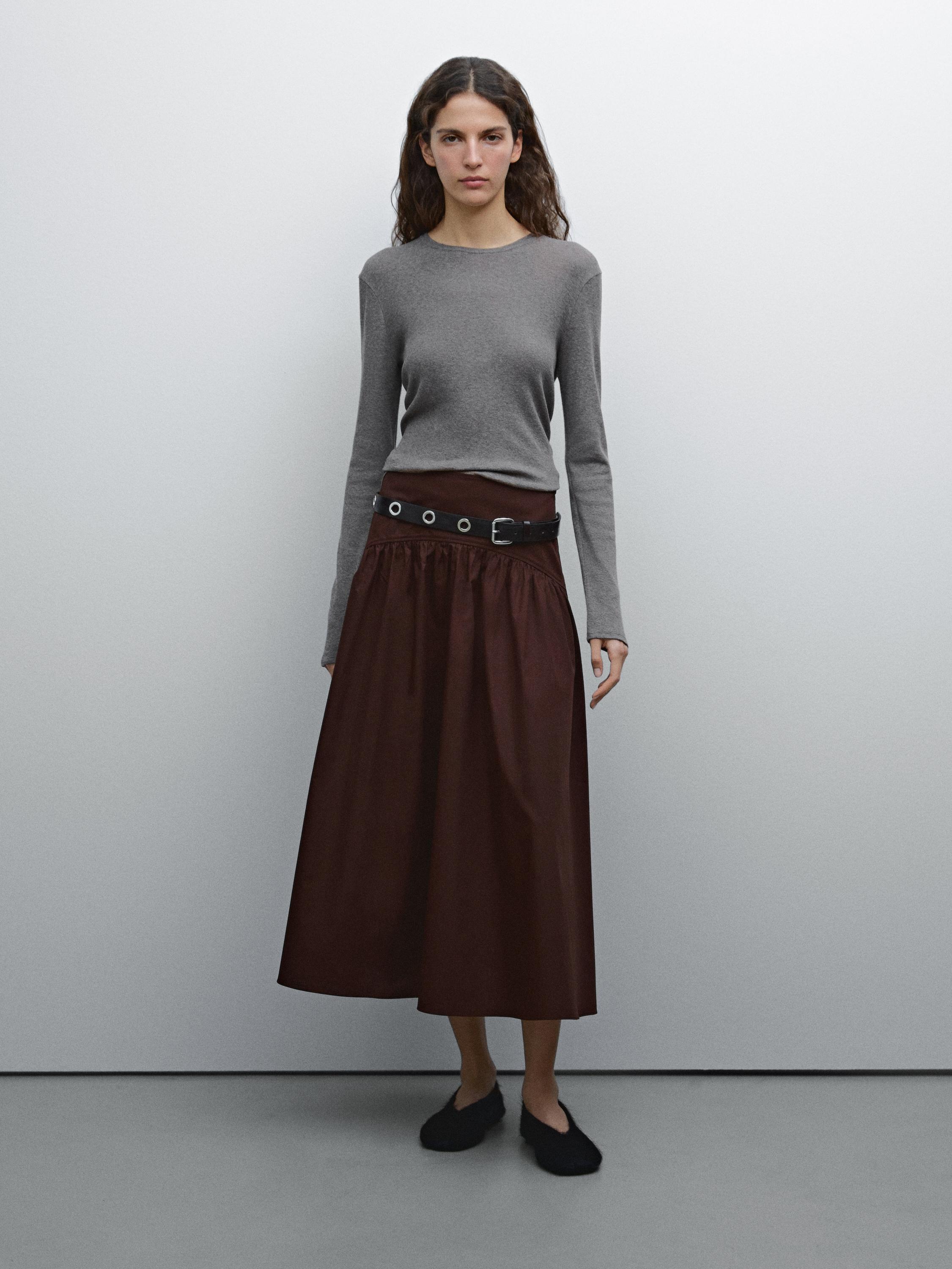 100% cotton midi skirt with yoke detail Massimo Dutti