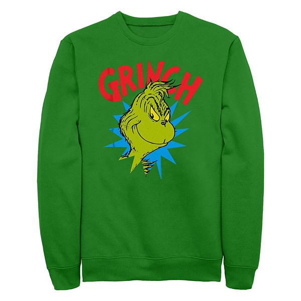 Мужской флисовый свитшот Grinch с озорным лицом Доктора Сьюза, круглый вырез и длинные рукава Grinch