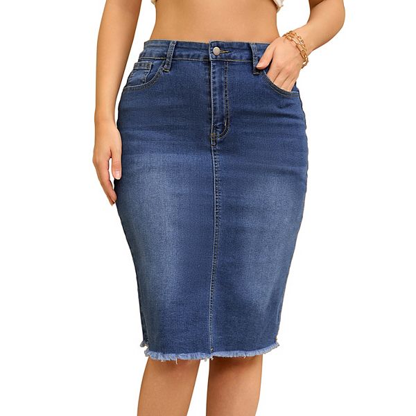 Women's Denim Skirt Raw Hem High Waisted Pockets Stretch Knee Length Jean Skirts Inspire Chic