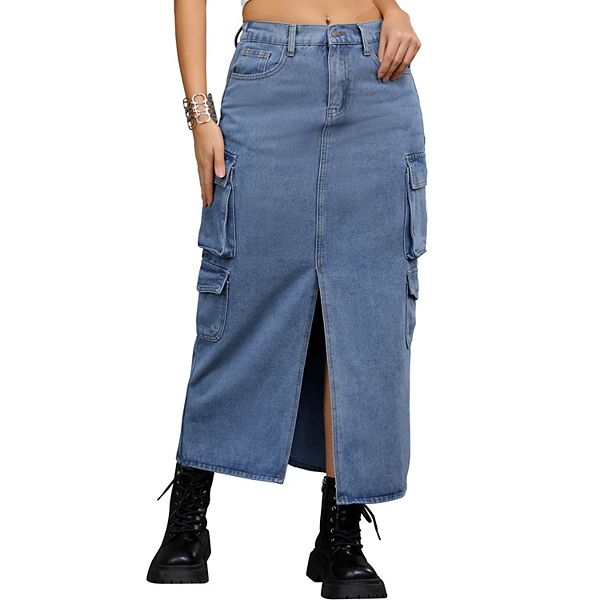 Women's Denim Skirt Front Split Button Front Elastic Waist Streetwear Flap Pockets Cargo Jean Skirts Inspire Chic