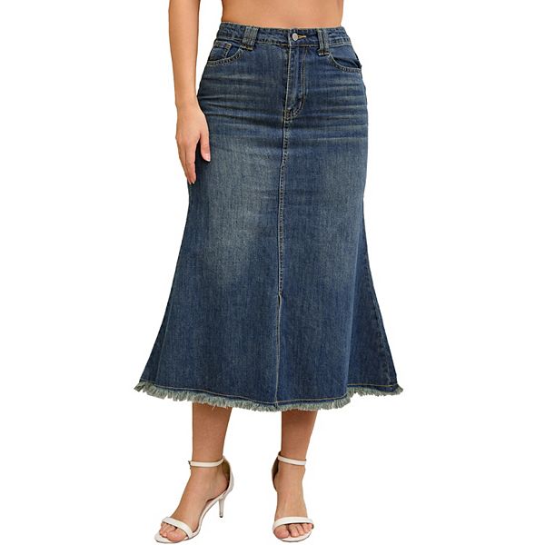 Women's Denim Skirts High Waisted A-Line Fishtail Long Jean Skirt Inspire Chic