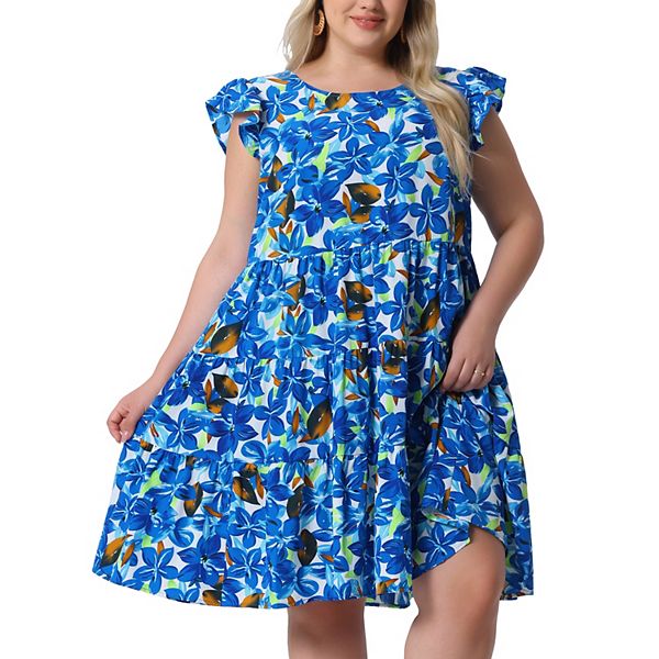 Plus Size Summer Dress for Women Boho Flutter Sleeves Round Neck Floral Tiered Babydoll Ruffle Dress Grace & Grandeur