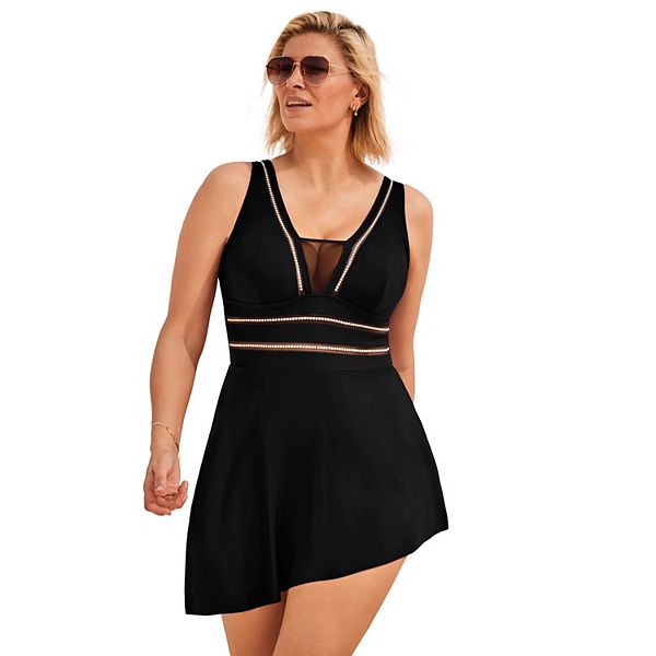 Swimsuits for All Women's Plus Size Diamante Trim Asymmetrical Swimdress Swimsuits For All