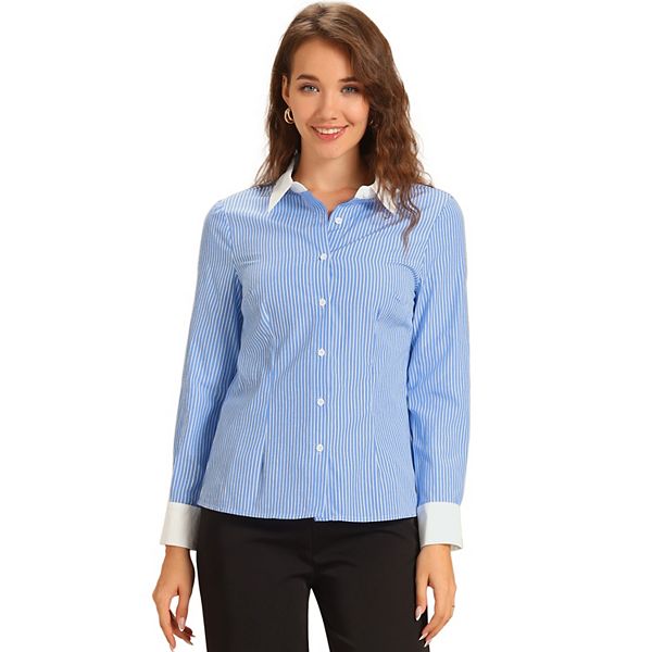 Striped Blouse Top for Women's Colorblock Long Sleeve Collared Button Down Shirt Inspire Chic