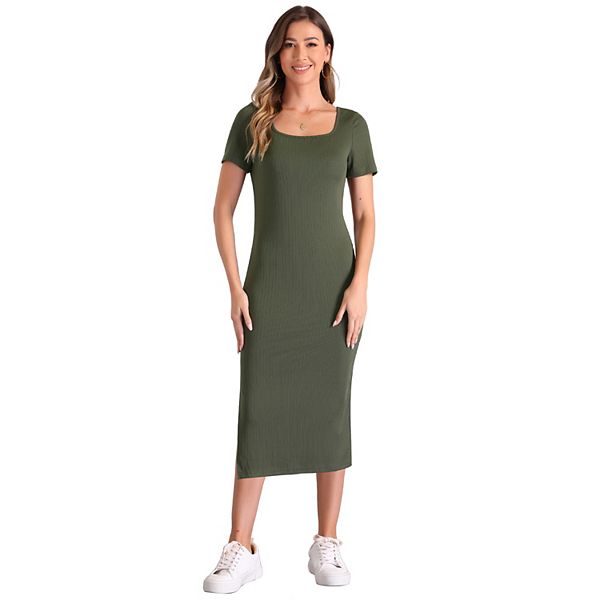 Ribbed Knit Dress for Women's Short Sleeve Slit Bodycon Midi Dress Inspire Chic