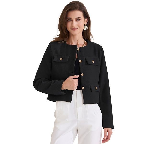 Women's Cropped Tweed Jacket Long Sleeve Button Down Fall Winter Work Business Blazer Inspire Chic