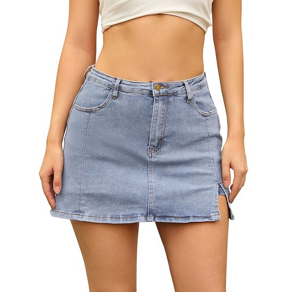 Women's Jean Skort High Waisted A-Line Stretch Side Slit Mini Denim Skirts Inspire Chic