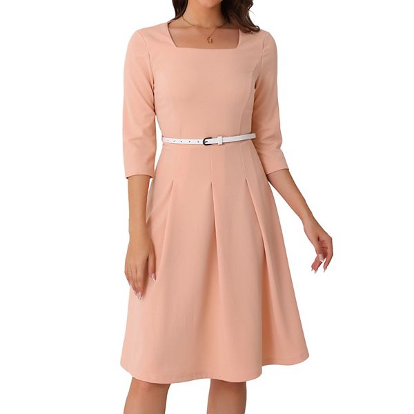 Work Dress for Women's Square Neck 3/4 Sleeve Belted Wedding Guest Church Pleated Midi Dresses Inspire Chic