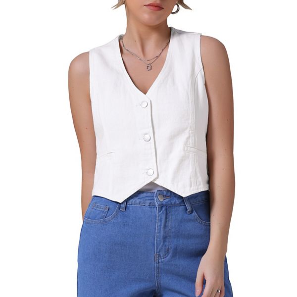 Women's Denim Vest Sleeveless Jacket V Neck Button Down Jean Suit Vests Crop Tank Tops Inspire Chic