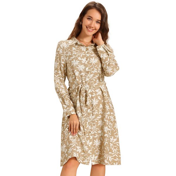 Floral Shirt Dress for Women's Collar Long Sleeve Tie Waist Tshirt Dresses Inspire Chic