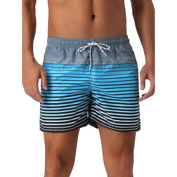 Men's Tropical Beach Color Block Drawstring Waist Mesh Lining Striped Board Shorts Inspire Chic