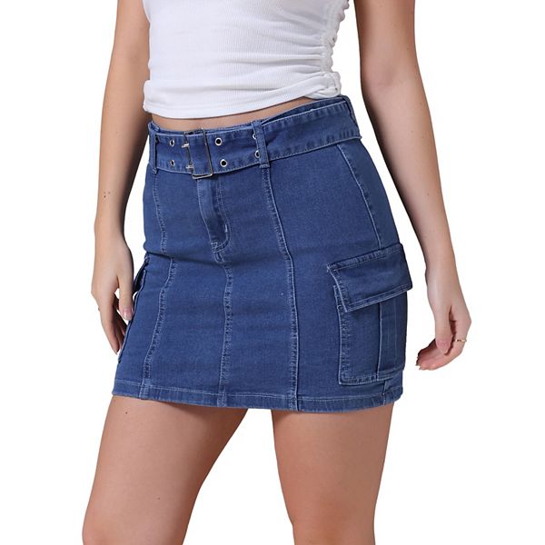 Women's Denim Mini Skort High Waisted Stretch Belted Bodycon Jean Skirt Inspire Chic