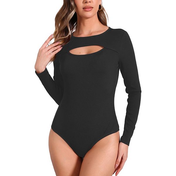 Bodysuit for Women Ribbed Knit Cutout Front Long Sleeve Crew Neck Bodycon Leotard Tops Inspire Chic