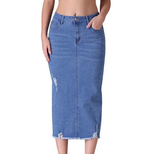 Women's Denim Skirt Ripped Raw Hem High Waisted Stretch Midi Jean Skirts Inspire Chic