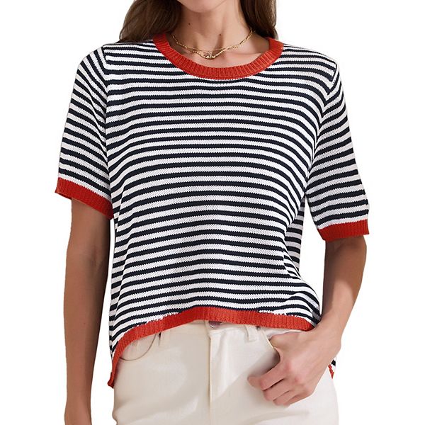 Women's Summer Tops Striped Knitted T Shirt Short Sleeve Trendy Loose Fit Pullover Top Inspire Chic